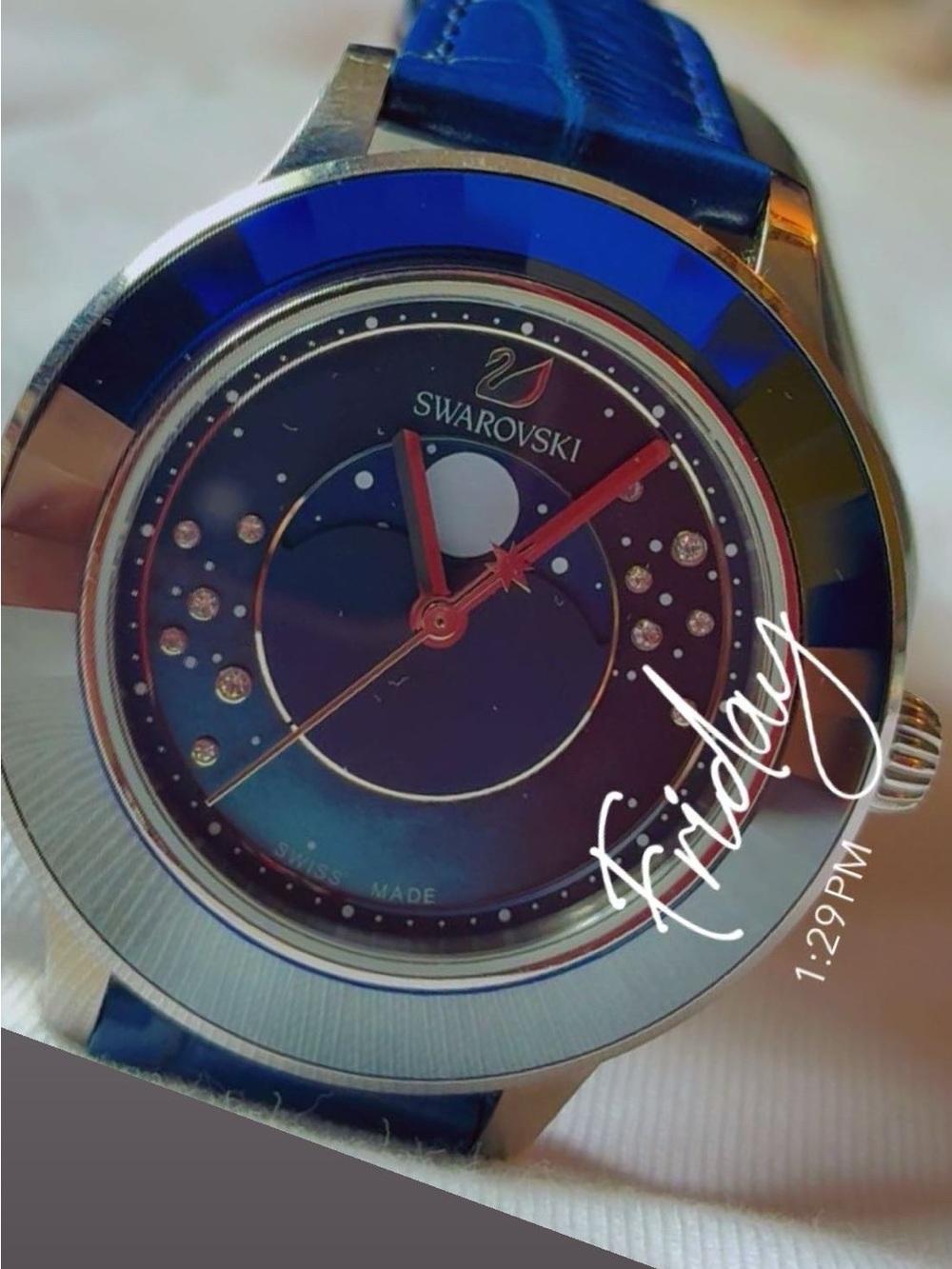 Swarovski Blue Dial Watch with Red Hands and Crystal Accents